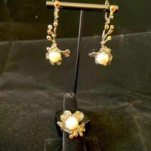 925 silver genuine pearl and ruby earrings and ring set. Ring size 8.5.